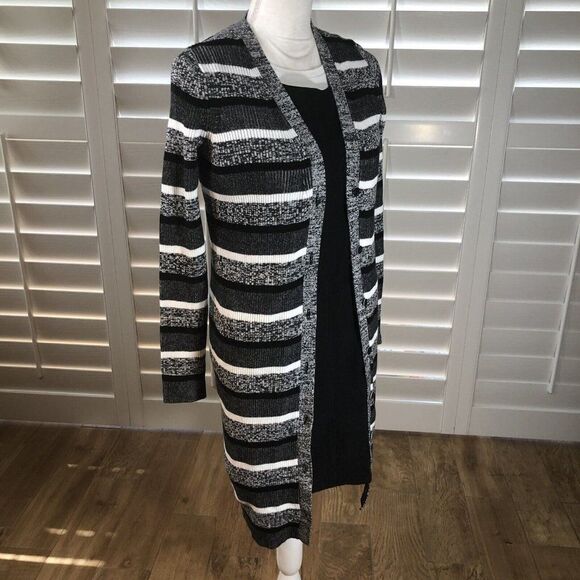 Tommy Hilfiger Long Black And White Sweater Cardigan XS Ribbed Stretch Button - Picture 3 of 12
